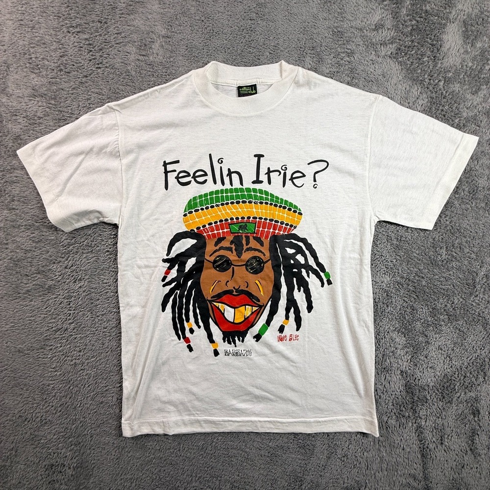 Cotton Club Youth L Rastafarian Feelin Irie T-Shirt White Barbados 90s Vintage
